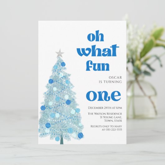 Oh what fun Blue tree christmas Boy birthday  招待状 (スタンド正面)