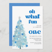 Oh what fun Blue tree christmas Boy birthday  招待状 (正面/裏面)