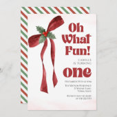 Oh what fun Bow christmas girl birthday  招待状 (正面/裏面)