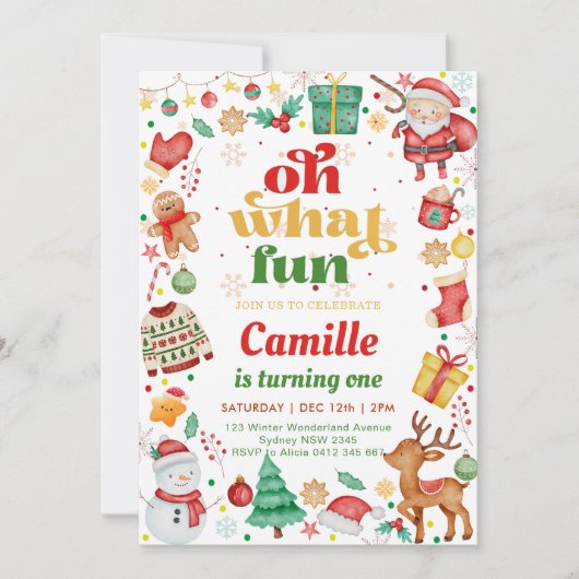 Oh What Fun Christmas Birthday 招待状 (正面)