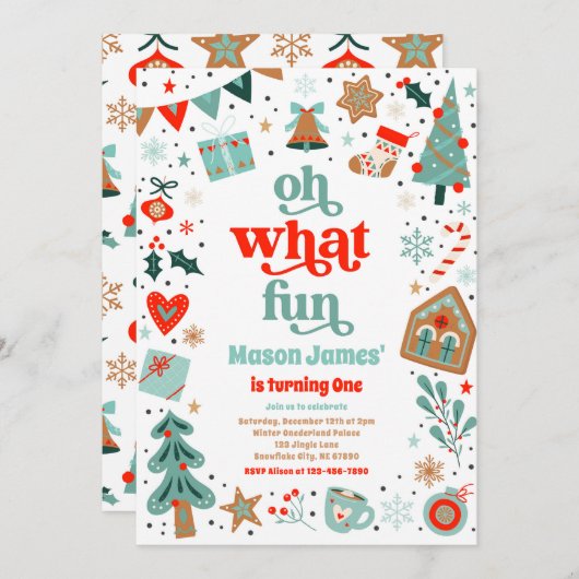 Oh What Fun Christmas Birthday Party 招待状 (正面/裏面)