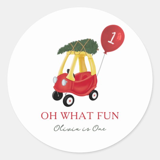 Oh What Fun Christmas Car 1st Birthday Party  ラウンドシール (正面)