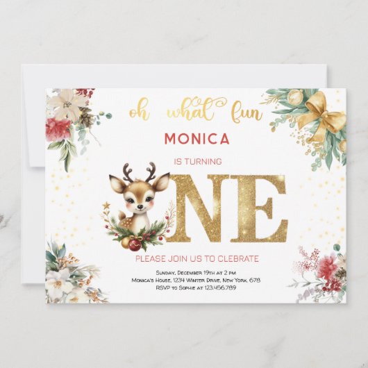 Oh what fun christmas first birthday invitation 招待状 (正面)