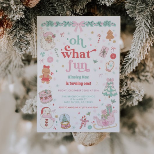 Oh What Fun Christmas First Birthday Invitation 招待状