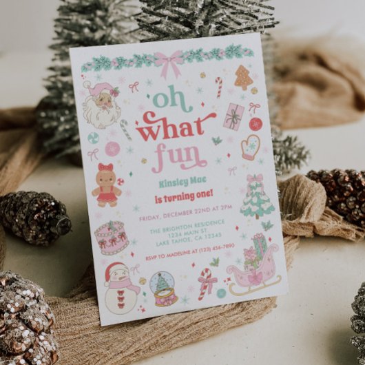 Oh What Fun Christmas First Birthday Invitation 招待状