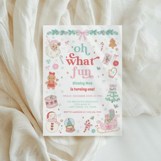 Oh What Fun Christmas First Birthday Invitation 招待状