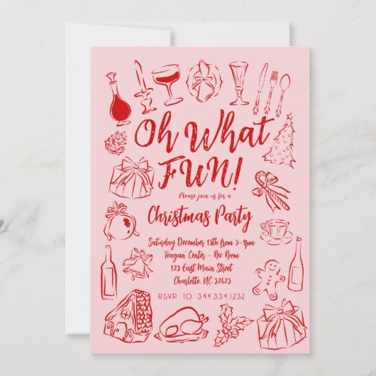 Oh What Fun Christmas Invitation Pink and red 招待状 (正面)