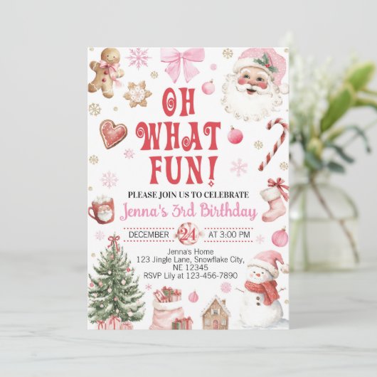 Oh What Fun Christmas Retro Santa Birthday 招待状 (スタンド正面)