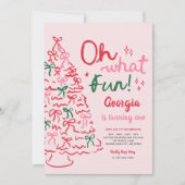 Oh What Fun Coquette Bow Christmas Tree Birthday 招待状 (正面)
