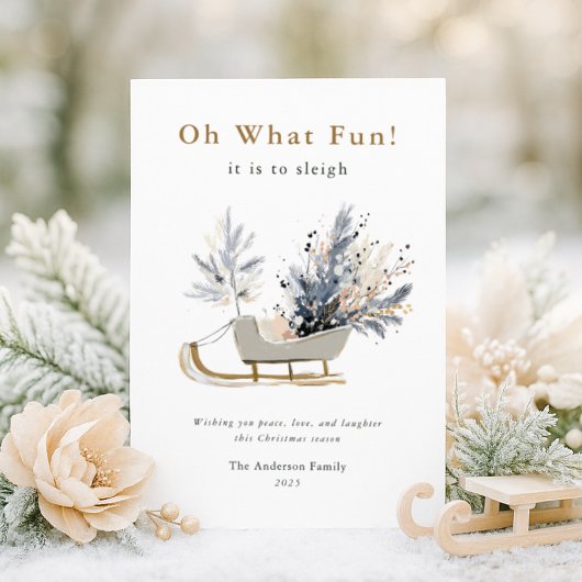 Oh What Fun Elegant Sleigh Floral Photo Christmas シーズンカード