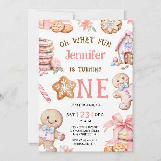 Oh What Fun | Gingerbread 1st Birthday Girl 招待状 (正面)