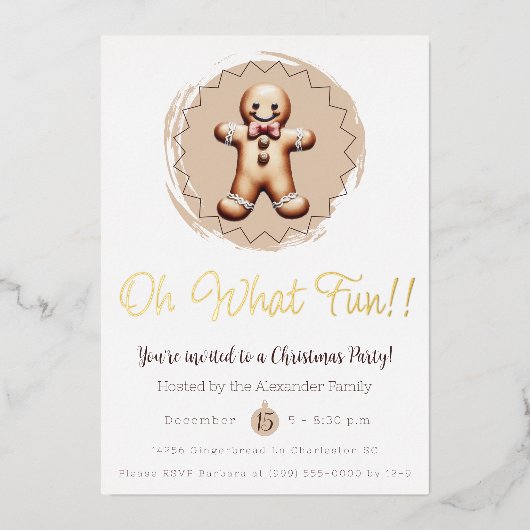 Oh What Fun Gingerbread Man Holiday Party | White 箔招待状 (正面)