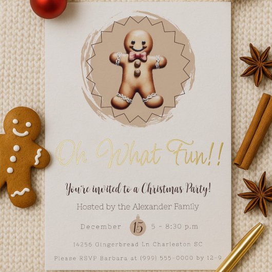 Oh What Fun Gingerbread Man Holiday Party | White 箔招待状