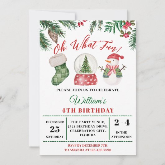 Oh What Fun! Holiday winter Christmas 4th Birthday 招待状 (正面)