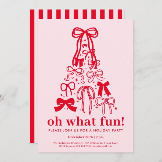 Oh What Fun Modern Pink Red Holiday Party 招待状 (正面/裏面)