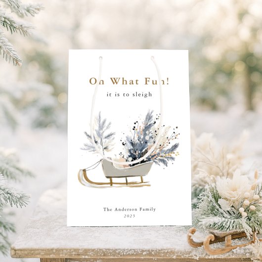 Oh What Fun Modern Winter Sleigh Floral Christmas ミディアムペーパーバッグ