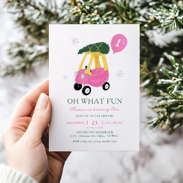 Oh What Fun Pink Car Girl 1st Birthday Invitation 招待状
