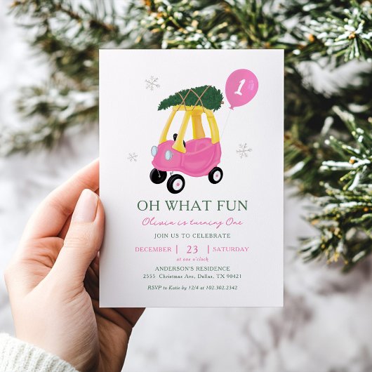 Oh What Fun Pink Car Girl 1st Birthday Invitation 招待状