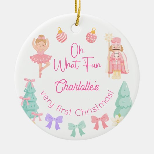 Oh What Fun Pink Nutcracker First Christmas セラミックオーナメント (正面)