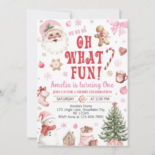 Oh What Fun Pink Santa Christmas 1st Birthday 招待状 (正面)