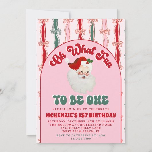 Oh What Fun Pink Santa Christmas First Birthday 招待状 (正面)