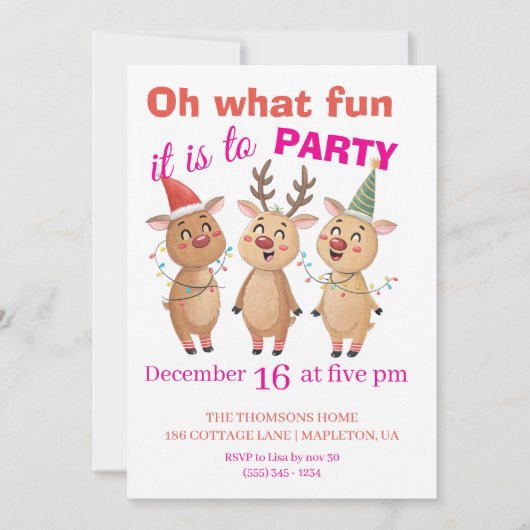 Oh what fun reindeers holidays party 招待状 (正面)
