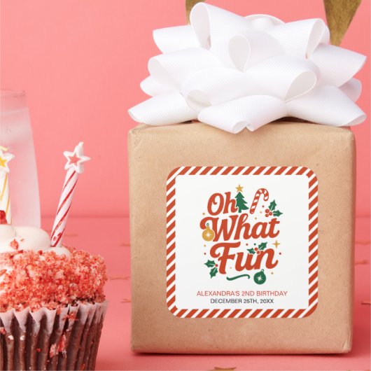 Oh What Fun Retro Christmas Birthday スクエアシール (パーティー)