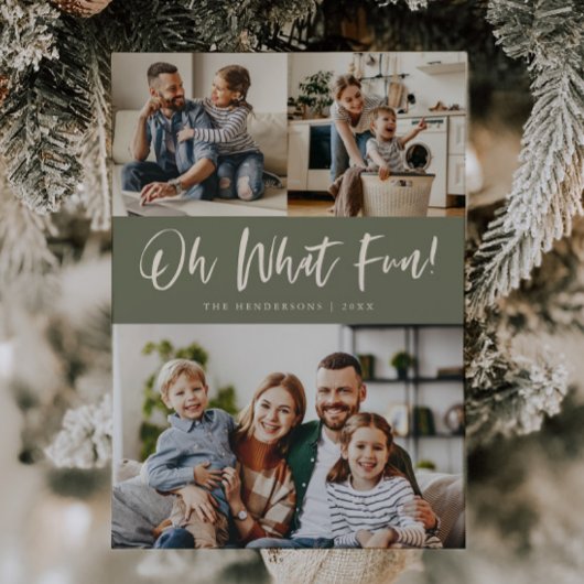 Oh What Fun Script Christmas Photo Sage Green シーズンカード