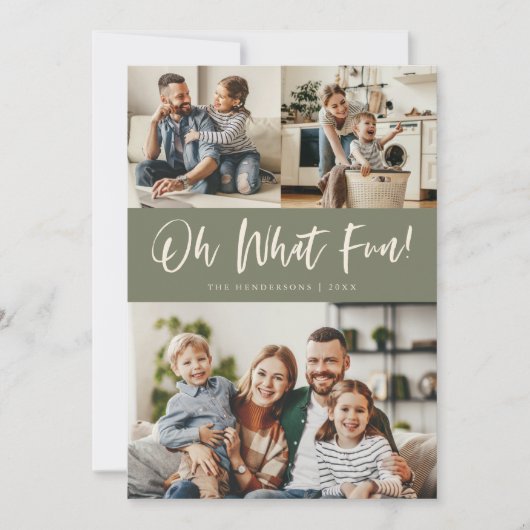 Oh What Fun Script Christmas Photo Sage Green シーズンカード (正面)