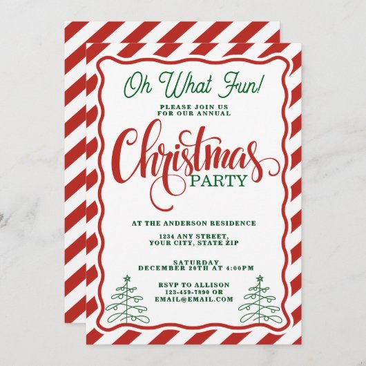 Oh What Fun Striped Whimsical Christmas Party 招待状 (正面/裏面)