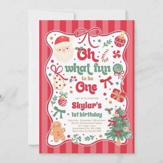 Oh What Fun To Be One Christmas Bow 1st Birthday 招待状 (正面)