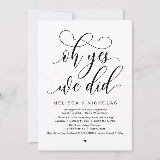 Oh Yes, We Did, Romantic Wedding Elopement Party 招待状 (正面)