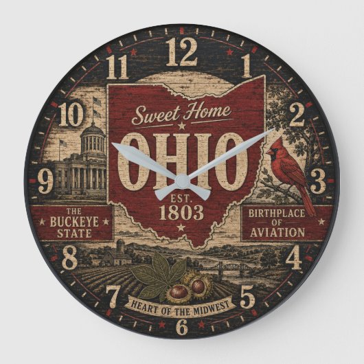 Ohio Buckeye State Rustic Farmhouse Vintage ラージ壁時計 (正面)