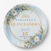 oho Dusty Blue Floral Eucalyptus Gold Quinceañera  ペーパープレート (正面)