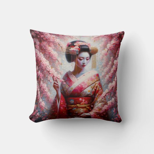 oil painting geisha and cherry tree クッション (正面)