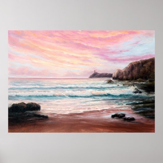  oil painting of beautiful purple sunset over ocea ポスター (正面)