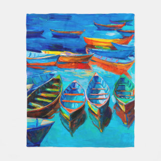 oil painting of boats and sea on canvas. Sunset o フリースブランケット