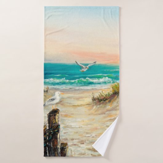  oil painting of ocean beach dunes with seagulls o バスタオル (バスタオル)