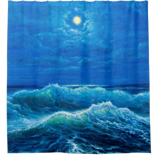 oil painting showing waves in ocean or sea on can シャワーカーテン (正面)