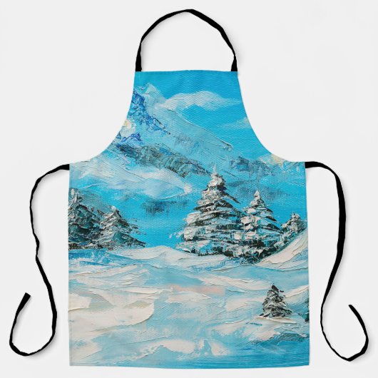  oil painting, winter mountain landscape with spru エプロン (正面)