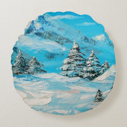  oil painting, winter mountain landscape with spru ラウンドクッション (正面)