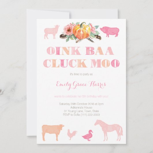 Oink Baa Cluck、女モーの子のためのファームバースデーパーティー 招待状 (正面)