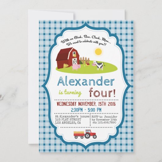 OINK、BAA、CLUCK、FARM BIRTHDAY PARTYモーで 招待状 (正面)