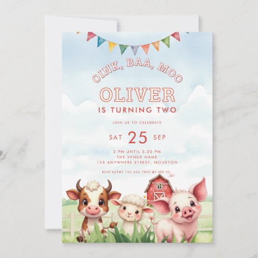 Oink Baa Moo Cute Farm Animals 2nd Birthday  招待状 (正面)
