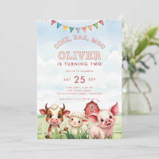 Oink Baa Moo Cute Farm Animals 2nd Birthday 招待状 (スタンド正面)