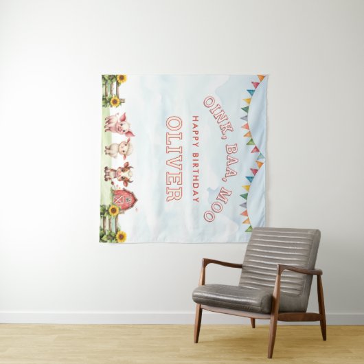 Oink Baa Moo Cute Farm Animals Happy Birthday タペストリー (インサイチュ(横))