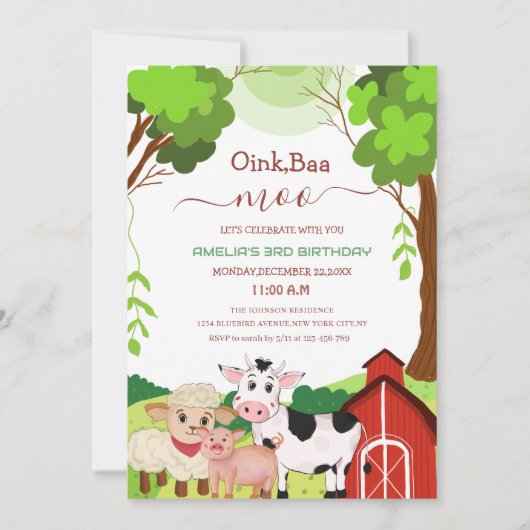 oink baa moo cute unique kid's birthday Invitation 招待状 (正面)