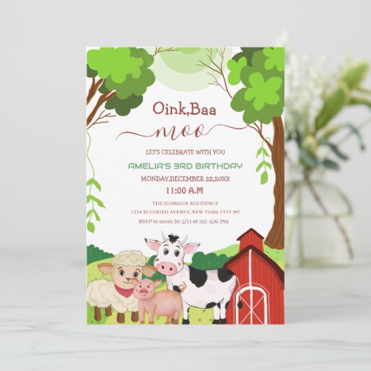 oink baa moo cute unique kid's birthday Invitation 招待状 (スタンド正面)