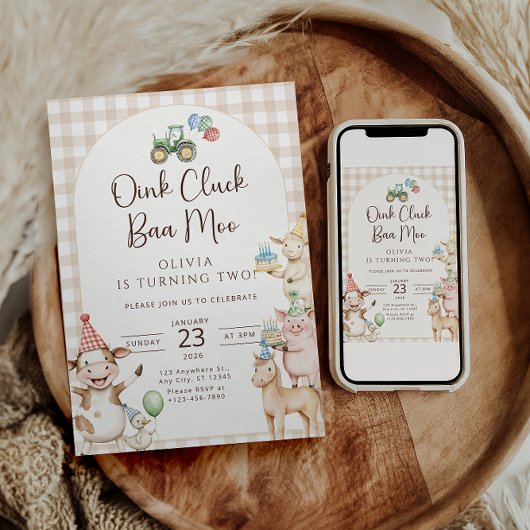 Oink Baa Moo Turning Two Birthday Invitation 招待状
