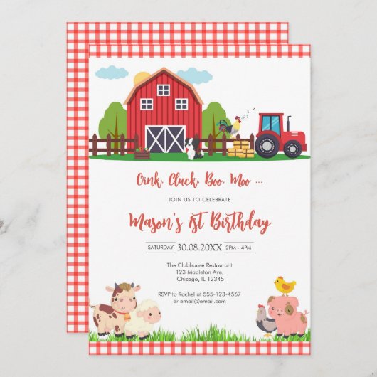 Oink Baa Quack Moo Farm Animals Birthday 招待状 (正面/裏面)